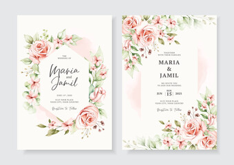 Fototapeta na wymiar Elegant wedding invitation cards template with watercolor floral decoration Premium