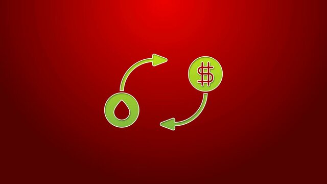 Green line Oil exchange, water transfer, convert icon isolated on red background. 4K Video motion graphic animation