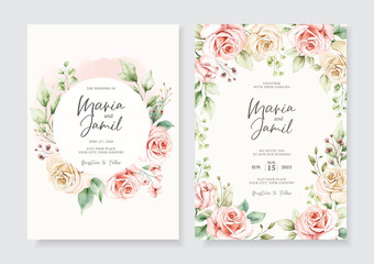 Floral wedding invitation template set with watercolor rose and leaves decoration