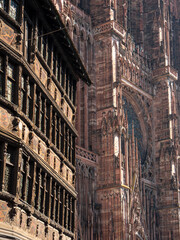 Fototapeta na wymiar View on the facade of the Strasbourg Cathedral or the Cathedral of Our Lady of Strasbourg (French: Cathédrale Notre-Dame de Strasbourg), a Catholic cathedral in Strasbourg, Alsace, France. 