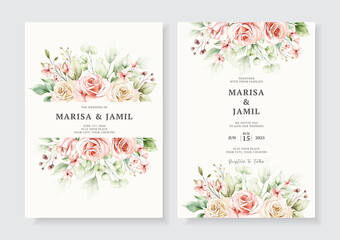 Elegant floral wedding invitation template set with watercolor rose and leaves decoration