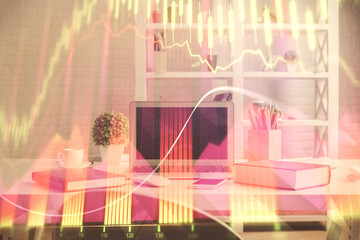 Double exposure of financial graph drawing and office interior background. Concept of stock market.