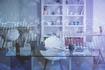 Double exposure of financial graph drawing and office interior background. Concept of stock market.