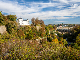 View on a park of the city of Luxembourg in Europe. Some clouds in the sky, autumn.