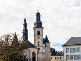 Fototapeta na wymiar Church in Luxembourg city, Europe. Cloudy sky.