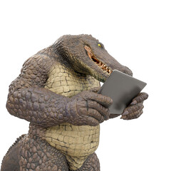 Fototapeta premium crocodile man is holding a tablet