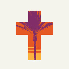 Palm Sunday cross isolated on a light background. Sign of the Christian cross with silhouette of palm tree at sunset. Vector illustration, religious symbol, icon, t-shirt design, logo, design element