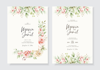 Elegant wedding invitation cards template with watercolor floral decoration