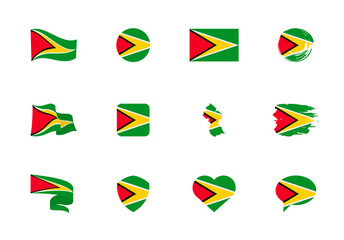 Guyana flag - flat collection. Flags of different shaped twelve flat icons.