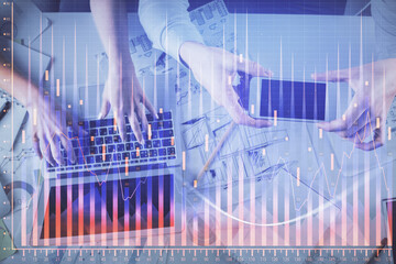 Multi exposure of man and woman working together and forex graph hologram drawing. Financial analysis concept. Computer background. Top View.