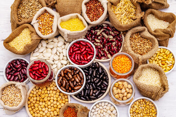 Assorted different types of beans and cereals grains
