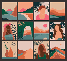 Set of abstract contemporary landscape female and leaves silhouettes in boho style. Fashion paper cut elements for social media posters © anya