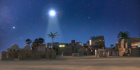 The star shines over the manger of christmas of Jesus Christ, 3d render - 395427724