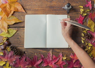 Human hand writing with pen on blank book, Autumn still life with yellow and red leaves