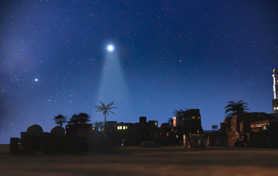The star shines over the manger of christmas of Jesus Christ, 3d render