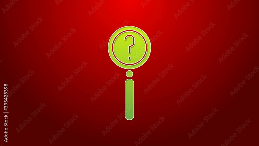 Wall mural green line magnifying glass with search icon isolated on red background. detective is investigating.