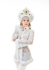 Beautiful, happy woman with long hair, dressed as Santa Claus smiling. Christmas - New Year carnival.