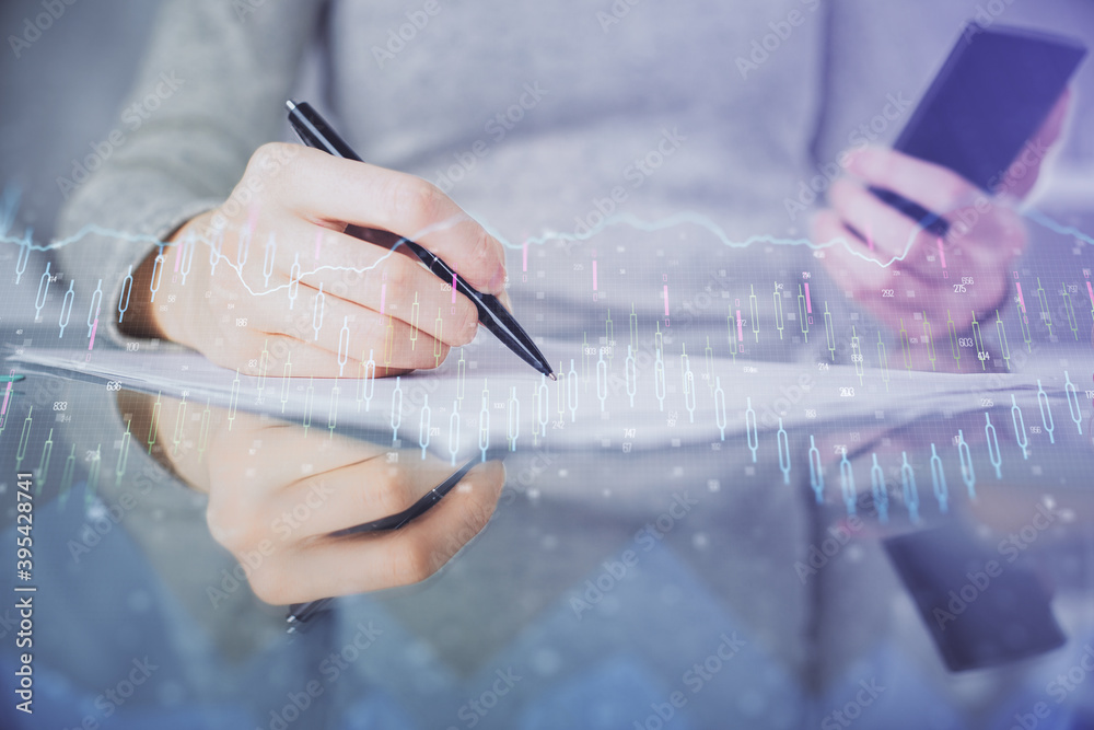 Poster double exposure of forex chart sketch hologram and woman holding and using a mobile device. financia