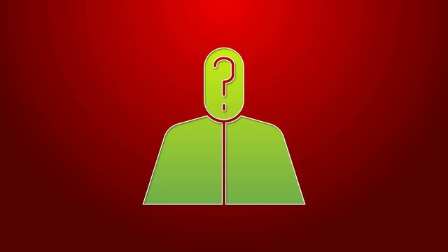 Green line Anonymous man with question mark icon isolated on red background. Unknown user, incognito profile, business secrecy, obscurity. 4K Video motion graphic animation
