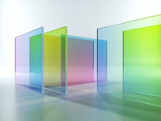 3d rendering, abstract modern minimal geometric background, translucent glass with colorful gradient, simple square shapes