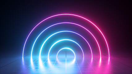 3d render, neon round arch lines, glowing rings in ultraviolet spectrum from pink to blue, isolated on black background