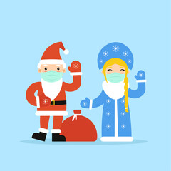 Russian flat characters Grandfather Frost Ded Moroz and granddaughter Snow Maiden Snegurochka in face masks waving hands, welcome. Xmas and New Year cute symbol isolated blue background.