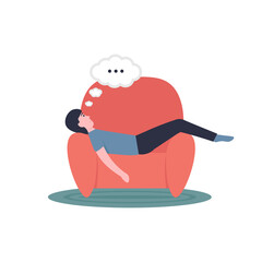Lazy man lies on an armchair. Flat modern cartoon vector illustration.