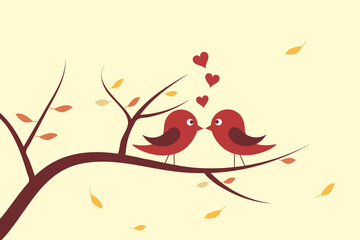 Two cute birds in love and kissing on branches with dry autumn leaves. Love and autumn weather concept. Flat retro style vector illustration