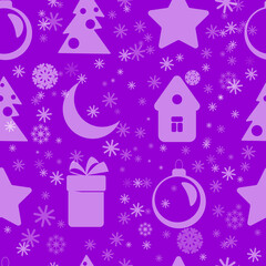 Naklejka na ściany i meble Abstract, New Year, Christmas seamless background with transparent balls, trees, stars and snowflakes. Vector illustration.