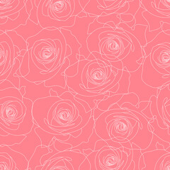 Fototapeta na wymiar Seamless, linear, pink-white outline of a rose. Design for wallpaper, covers, festive wrapping paper, printed fabric. 