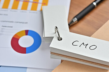 There is a piece of paper with a graph printed on it, a notebook, and an open vocabulary book on the desk. The word CMO is there. It's an acronym that means Chief Marketing Officer.