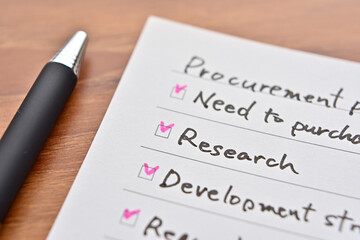 The checklist with "Procurement Process" written on it. It is focus on "Research".
