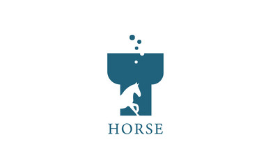 T blue white horse alphabet letter logo icon with stallion shape inside. Creative design for company and business
