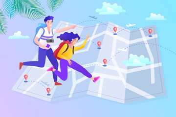 Online travelling vector Illustration for landing page. Depicts couple using a mobile navigation app , travel and vacation concept. flat design graphic emphasizing digital tourism, location services.