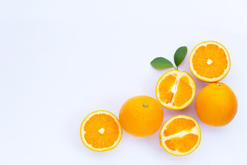 Fototapeta na wymiar High vitamin C, Juicy and sweet. Fresh orange fruit on white background.