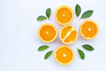 Fototapeta na wymiar High vitamin C, Juicy and sweet. Fresh orange fruit on white background.
