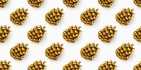 Seamless Pattern with Gold Cones. Golden Pine Cone. Cover Design Template. Pine Cone Icon, Symbol, Decor, Gift. Christmas Pattern. Objects Isolated on White