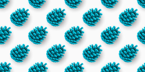 Seamless Abstract Pattern with Blue Painted Pine Cones. Isolation on White. Packaging Design Template. Pine Cone Icon, Symbol, Decor, Gift. Holiday Decorations