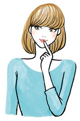 口元に指を置き、考えてる女性の上半身