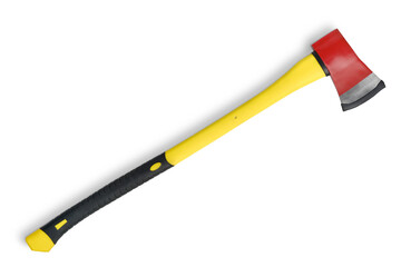 Large red axe with long yellow grip from fireman's toolbox isolated on white background. Top view