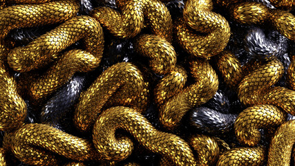 3d render, abstract background with tangled metallic snakes, shiny scales texture macro