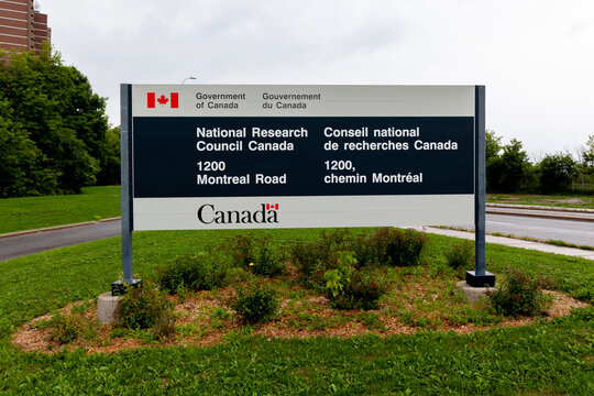 Ottawa, Ontario, Canada - August 8, 2020: National Research Council sign is seen at their facility on 1200 Montreal Rd. in Ottawa, the national research and technology organization (RTO).  