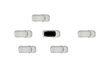 Group Of Self Driving, Autonomous, Electric Vehicles, Generic White Sedans Isolated Against White. 3D Rendering.