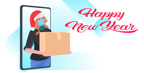 woman in santa hat and mask holding cardboard box new year christmas online delivery service concept smartphone screen mobile app horizontal portrait vector illustration