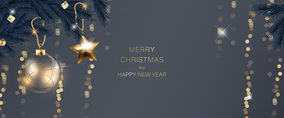 3D Christmas and happy holiday season greeting background. Gold, blue, red, white colors. Gift tags with gold glitter texture. Snowflakes and Christmas tree patterns. © babeer
