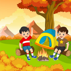 Cartoon kids camping with campfire and tent