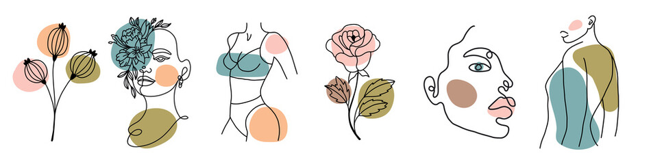 Various faces, leaves and body, abstract shapes. Ink painting style. Contemporary Hand drawn Vector illustrations. Continuous line, minimalistic elegant concept. All elements are isolated