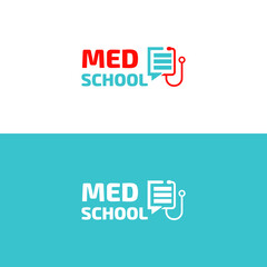 Med school. Medicine education logo. Stethoscope and book