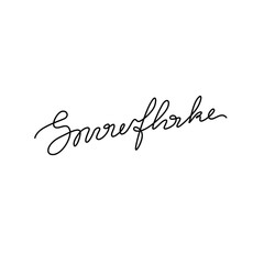Snowflake inscription, continuous line drawing, hand lettering small tattoo, print for clothes, emblem or logo design, one single line on a white background. Isolated vector illustration.