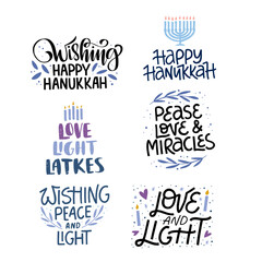 Hanukkah vector celebration typography. Traditional Jewish holiday phrases collection. Love, light, latkes quote. Chanukah wishes isolated on white. 